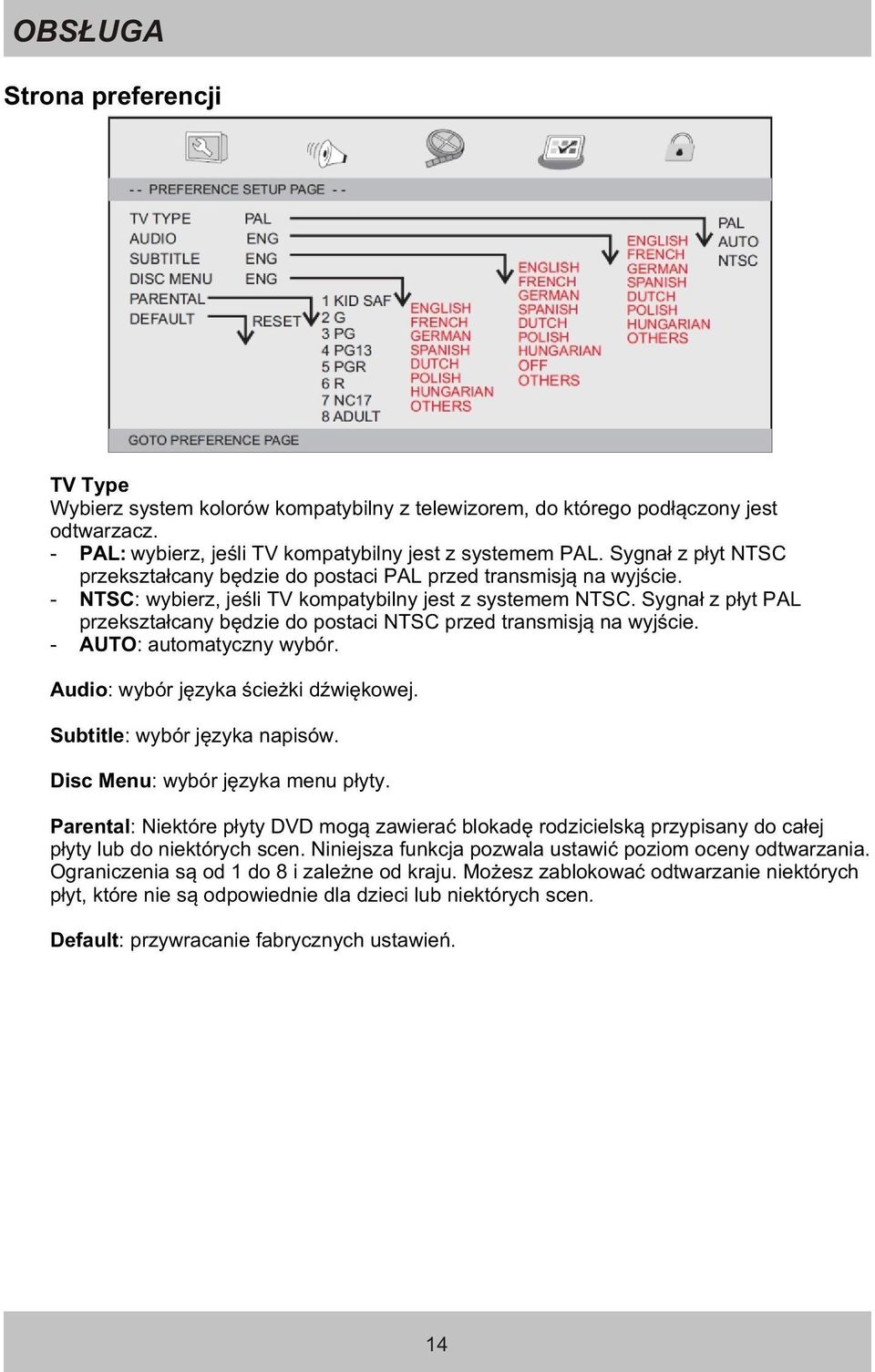 Sygna³ z p³yt PAL przekszta³cany bêdzie do postaci NTSC przed transmisj¹ na wyjœcie. - AUTO: automatyczny wybór. Audio: wybór jêzyka œcie ki dÿwiêkowej. Subtitle: wybór jêzyka napisów.