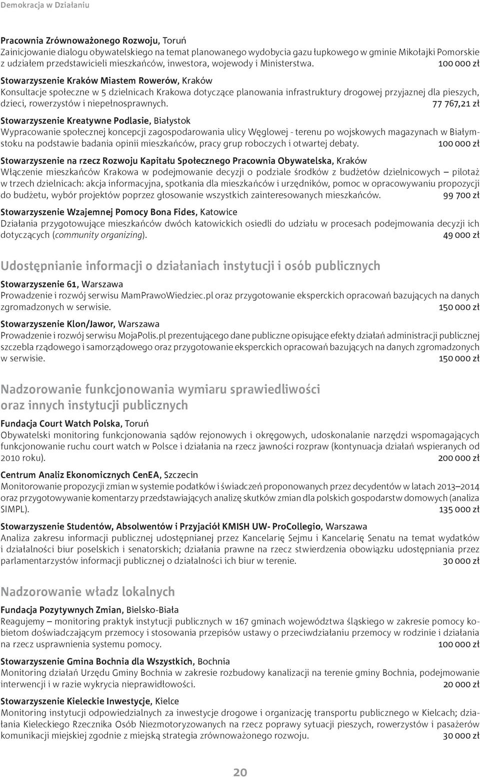 100 000 zł Stowarzyszenie Kraków Miastem Rowerów, Kraków Konsultacje społeczne w 5 dzielnicach Krakowa dotyczące planowania infrastruktury drogowej przyjaznej dla pieszych, dzieci, rowerzystów i