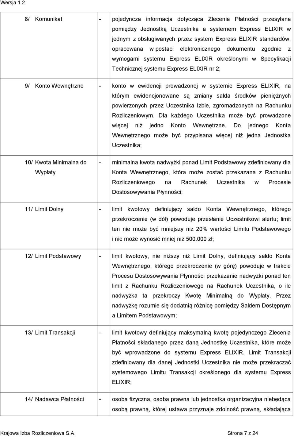 prowadzonej w systemie Express ELIXIR, na którym ewidencjonowane są zmiany salda środków pieniężnych powierzonych przez Uczestnika Izbie, zgromadzonych na Rachunku Rozliczeniowym.