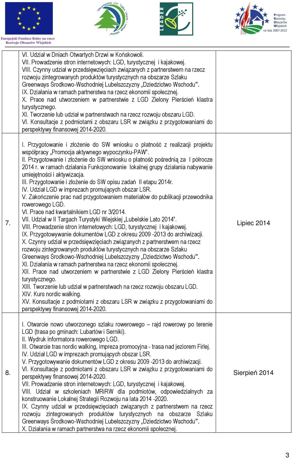 Przygotowanie i złożenie do SW wniosku o płatność pośrednią za I półrocze 2014 r. w ramach działania Funkcjonowanie lokalnej grupy działania nabywanie umiejętności i aktywizacja. III.