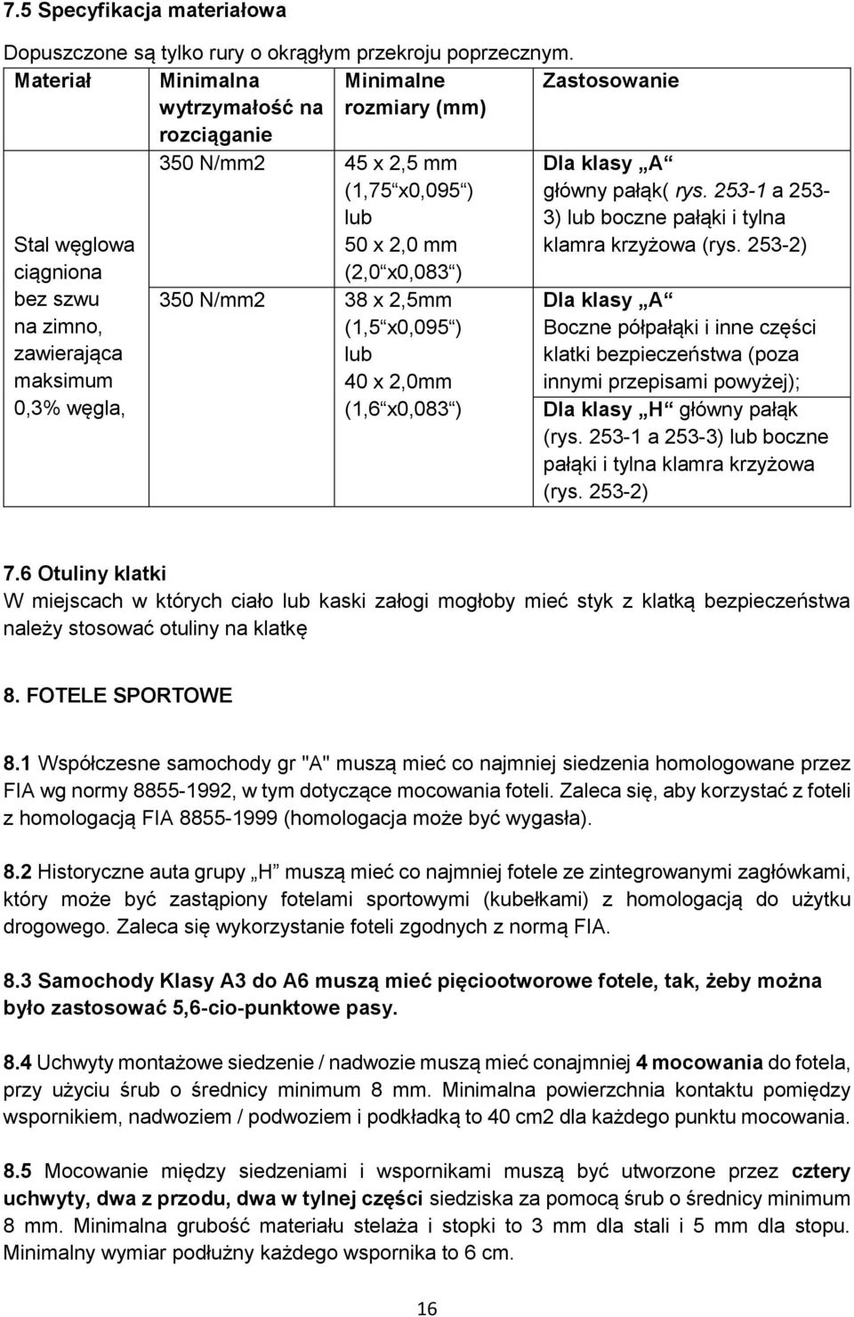 50 x 2,0 mm (2,0 x0,083 ) 350 N/mm2 38 x 2,5mm (1,5 x0,095 ) lub 40 x 2,0mm (1,6 x0,083 ) Dla klasy A główny pałąk( rys. 253-1 a 253-3) lub boczne pałąki i tylna klamra krzyżowa (rys.