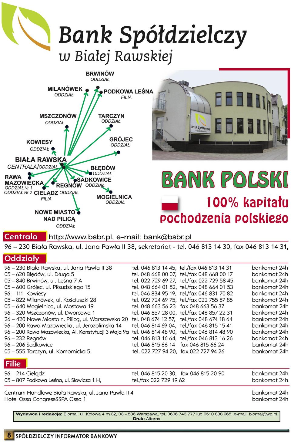 022 729 69 27, tel./fax 022 729 58 45 bankomat 24h 05 600 Grójec, ul. Piłsudskiego 15 tel. 048 664 01 52, tel./fax 048 664 01 53 bankomat 24h 96 111 Kowiesy tel. 046 834 95 19, tel.