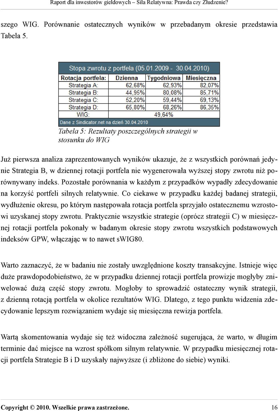 wygenerowała wyższej stopy zwrotu niż porównywany indeks. Pozostałe porównania w każdym z przypadków wypadły zdecydowanie na korzyść portfeli silnych relatywnie.