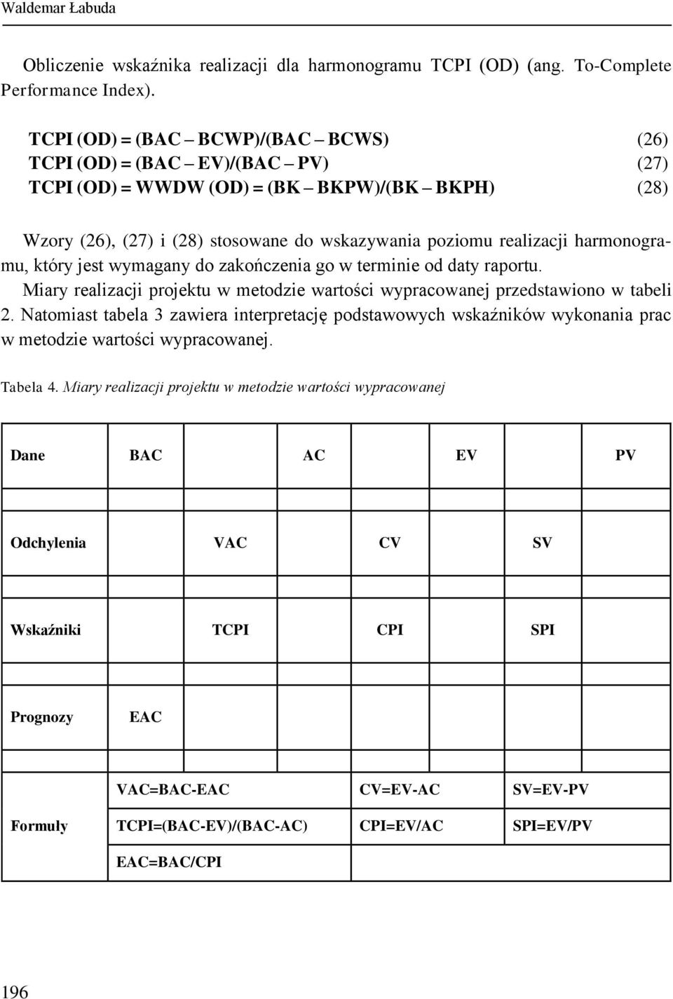 harmonogramu, który jest wymagany do zakończenia go w terminie od daty raportu. Miary realizacji projektu w metodzie wartości wypracowanej przedstawiono w tabeli 2.