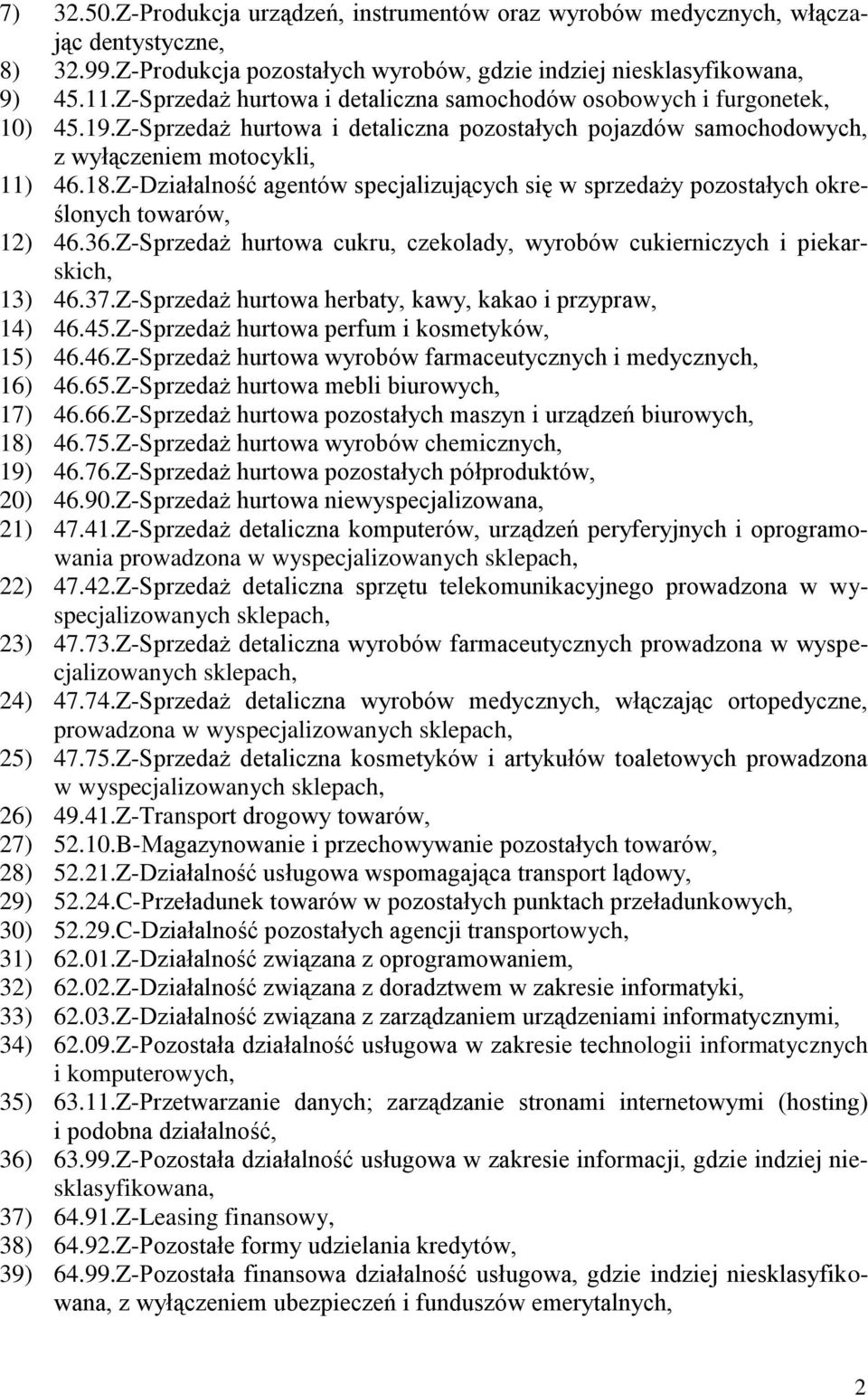 Z-Działalność agentów specjalizujących się w sprzedaży pozostałych określonych towarów, 12) 46.36.Z-Sprzedaż hurtowa cukru, czekolady, wyrobów cukierniczych i piekarskich, 13) 46.37.