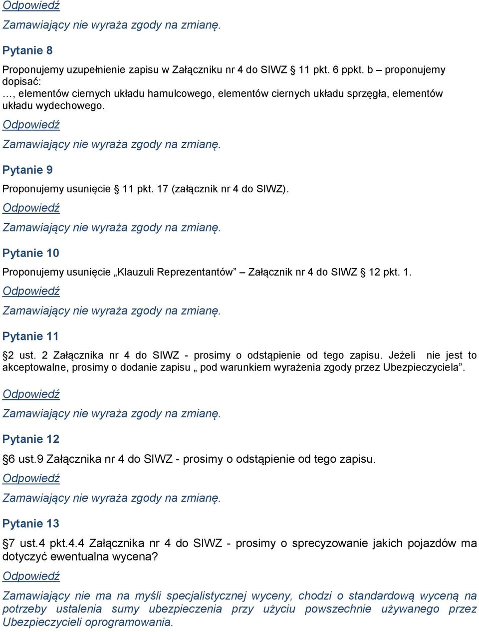 Pytanie 10 Proponujemy usunięcie Klauzuli Reprezentantów Załącznik nr 4 do SIWZ 12 pkt. 1. Pytanie 11 2 ust. 2 Załącznika nr 4 do SIWZ - prosimy o odstąpienie od tego zapisu.