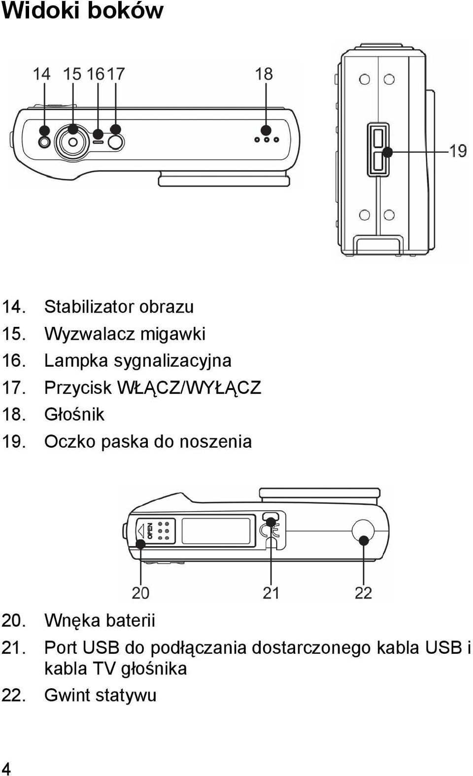 Oczko paska do noszenia 20. Wnęka baterii 21.