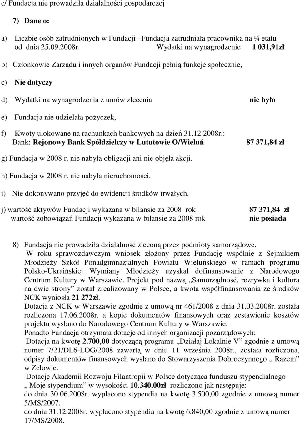 udzielała poŝyczek, f) Kwoty ulokowane na rachunkach bankowych na dzień 31.12.2008r.: Bank: Rejonowy Bank Spółdzielczy w Lututowie O/Wieluń 87 371,84 zł g) Fundacja w 2008 r.