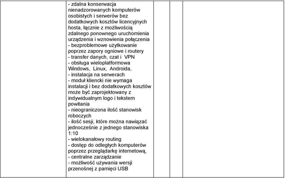 nie wymaga instalacji i bez dodatkowych kosztów może być zaprojektowany z indywidualnym logo i tekstem powitania - nieograniczona ilość stanowisk roboczych - ilość sesji, które można nawiązać