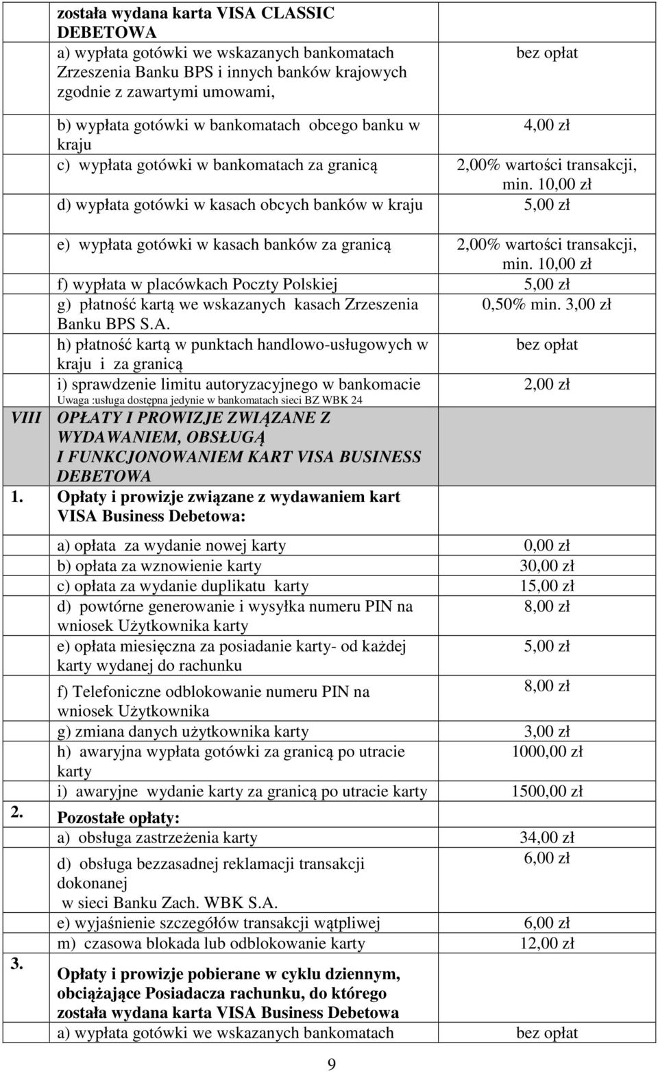 1 d) wypłata gotówki w kasach obcych banków w kraju e) wypłata gotówki w kasach banków za granicą 2,00% wartości transakcji, min.