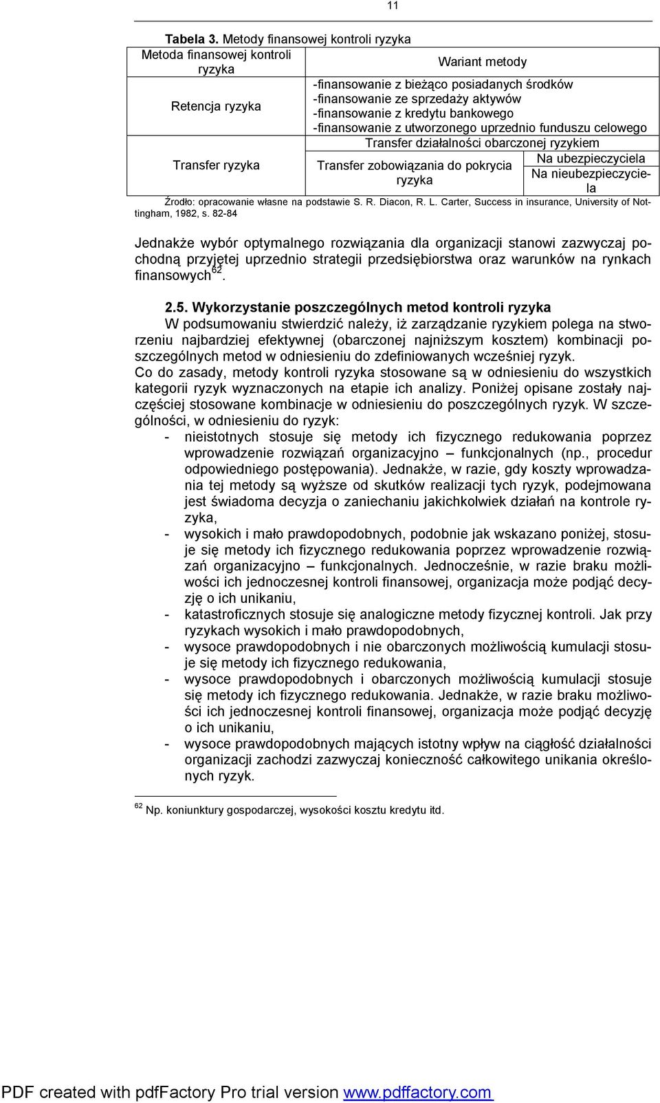 kredytu bankowego -finansowanie z utworzonego uprzednio funduszu celowego Transfer działalności obarczonej ryzykiem Transfer ryzyka Transfer zobowiązania do pokrycia ryzyka Na ubezpieczyciela Na