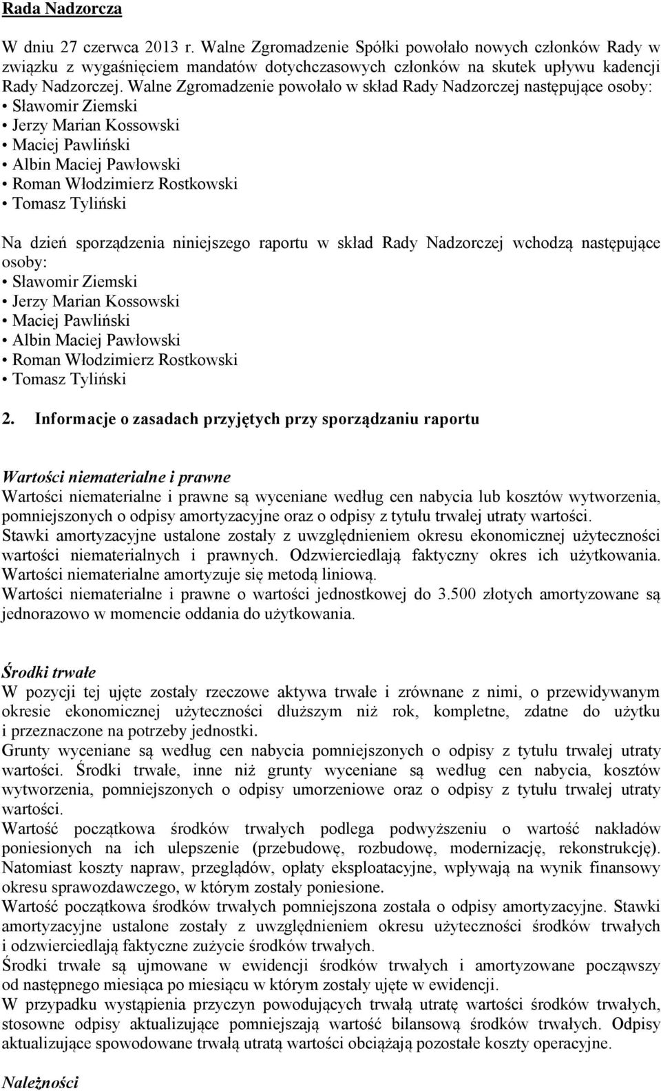 dzień sporządzenia niniejszego raportu w skład Rady Nadzorczej wchodzą następujące osoby: Sławomir Ziemski Jerzy Marian Kossowski Maciej Pawliński Albin Maciej Pawłowski Roman Włodzimierz Rostkowski