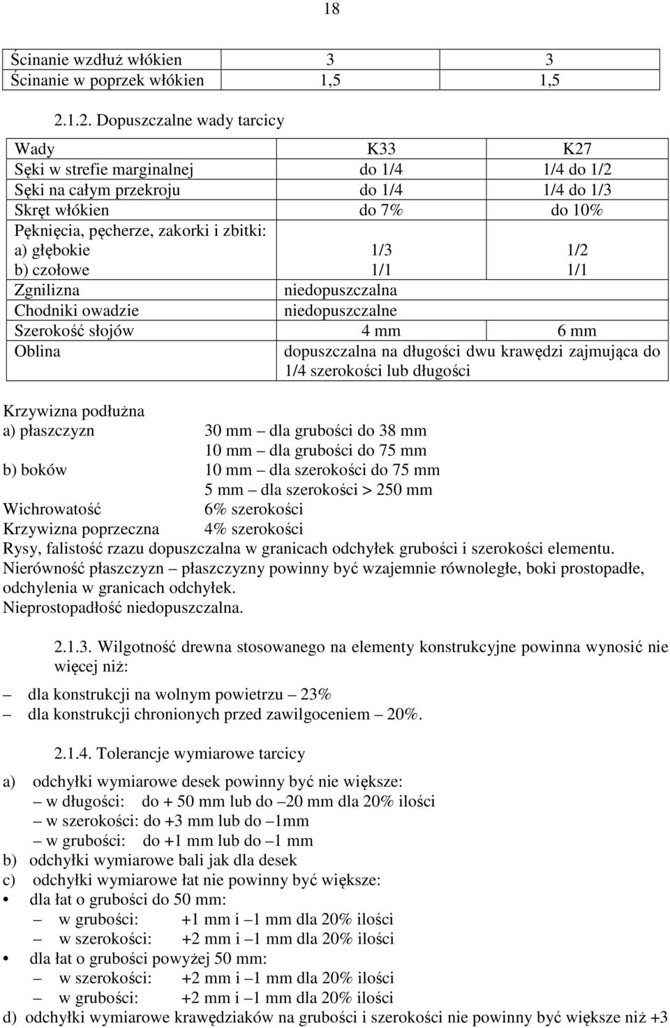 głębokie b) czołowe 1/3 1/1 1/2 1/1 Zgnilizna niedopuszczalna Chodniki owadzie niedopuszczalne Szerokość słojów 4 mm 6 mm Oblina dopuszczalna na długości dwu krawędzi zajmująca do 1/4 szerokości lub