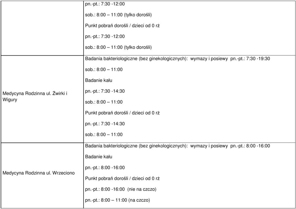 -pt.: 8:00-16:00 Medycyna Rodzinna ul. Wrzeciono pn.-pt.: 8:00-16:00 pn.-pt.: 8:00-16:00 (nie na czczo) pn.