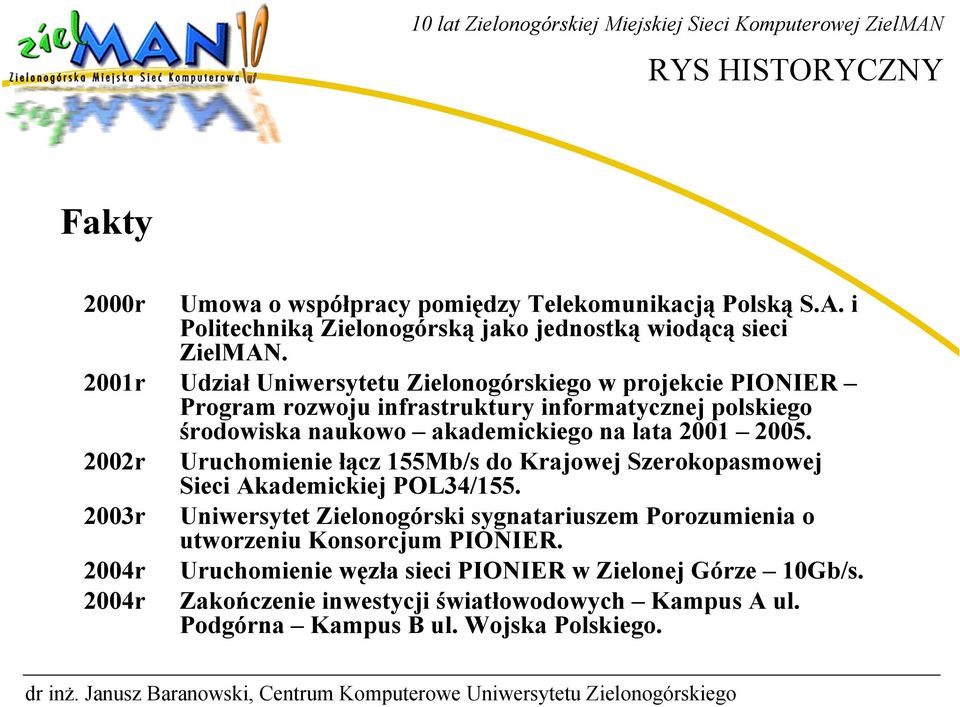 2005. 2002r Uruchomienie łącz 155Mb/s do Krajowej Szerokopasmowej Sieci Akademickiej POL34/155.