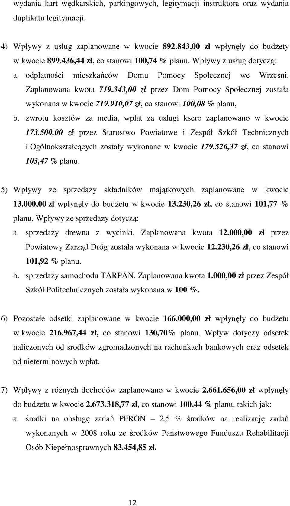 343,00 zł przez Dom Pomocy Społecznej została wykonana w kwocie 719.910,07 zł, co stanowi 100,08 % planu, b. zwrotu kosztów za media, wpłat za usługi ksero zaplanowano w kwocie 173.