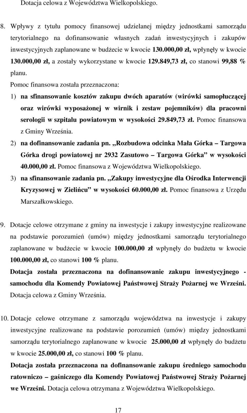 000,00 zł, wpłynęły w kwocie 130.000,00 zł, a zostały wykorzystane w kwocie 129.849,73 zł, co stanowi 99,88 % planu.