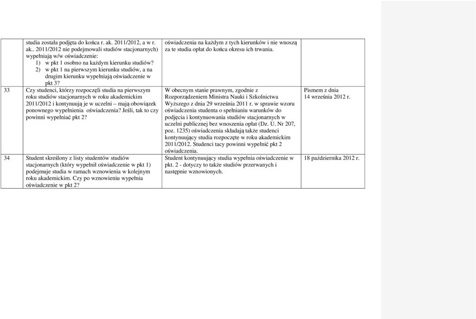 33 Czy studenci, którzy rozpoczęli studia na pierwszym roku studiów stacjonarnych w roku akademickim 2011/2012 i kontynuują je w uczelni mają obowiązek ponownego wypełnienia oświadczenia?