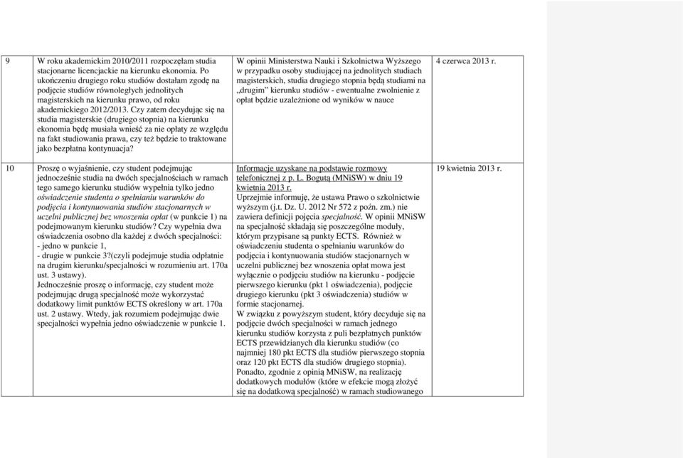 Czy zatem decydując się na studia magisterskie (drugiego stopnia) na kierunku ekonomia będę musiała wnieść za nie opłaty ze względu na fakt studiowania prawa, czy też będzie to traktowane jako