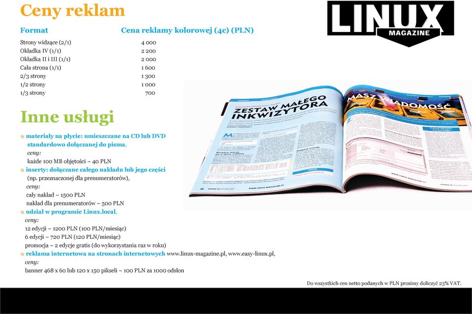 przeznaczonej dla prenumeratorów), ceny: cały nakład 1500 PLN nakład dla prenumeratorów 500 PLN udział w programie Linux.