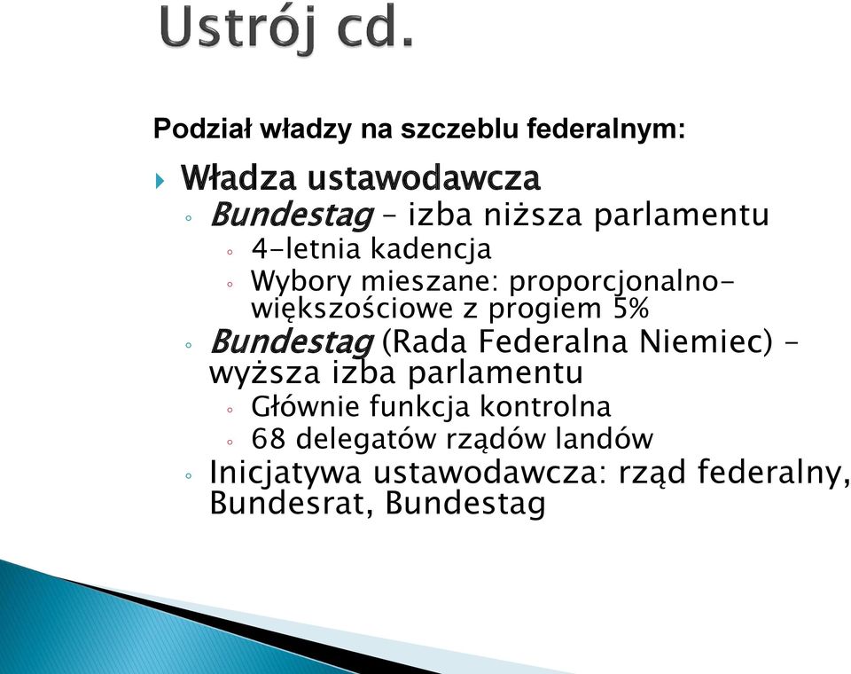 5% Bundestag (Rada Federalna Niemiec) wyższa izba parlamentu Głównie funkcja