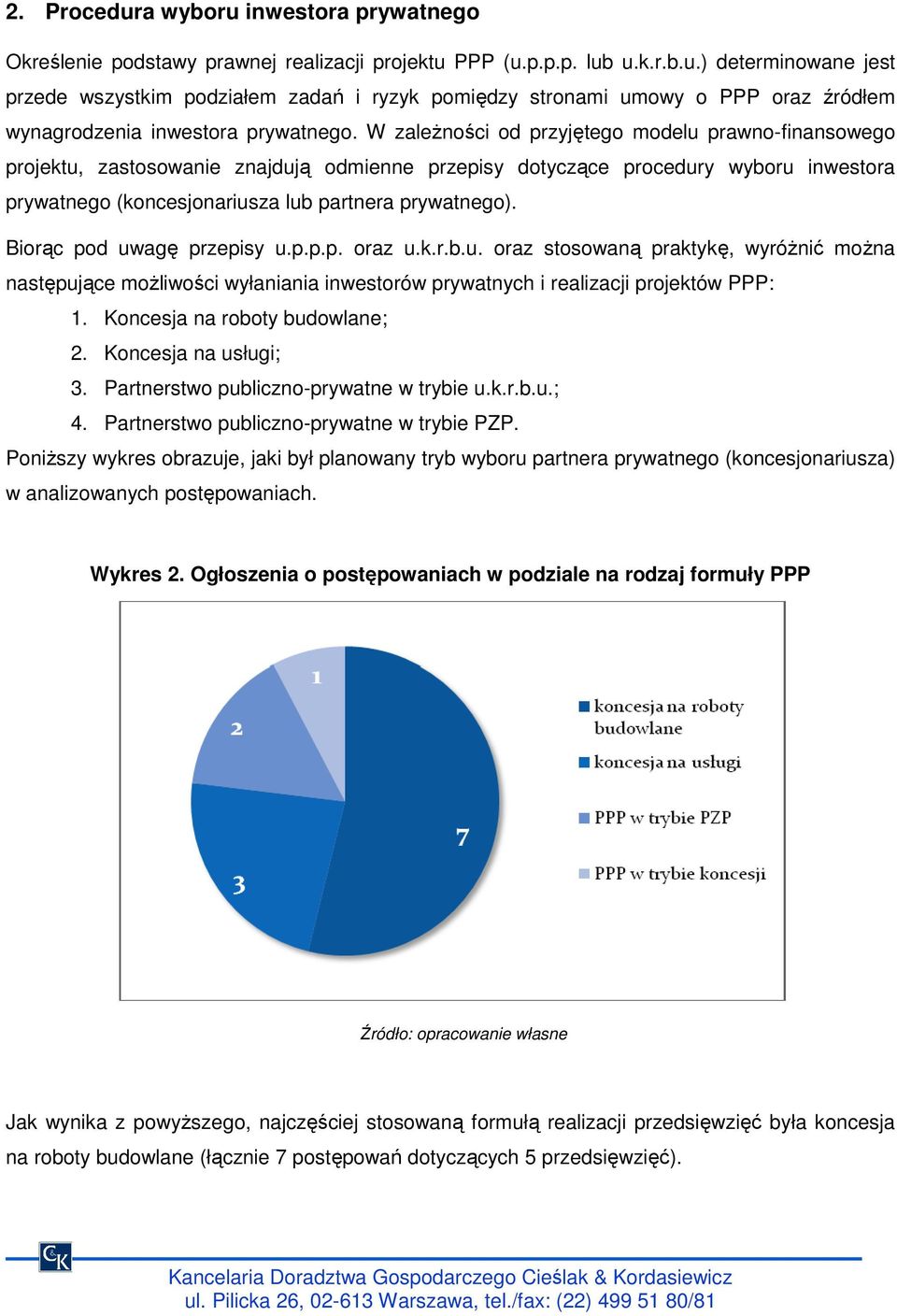 Biorąc pod uwagę przepisy u.p.p.p. oraz u.k.r.b.u. oraz stosowaną praktykę, wyróŝnić moŝna następujące moŝliwości wyłaniania inwestorów prywatnych i realizacji projektów PPP: 1.