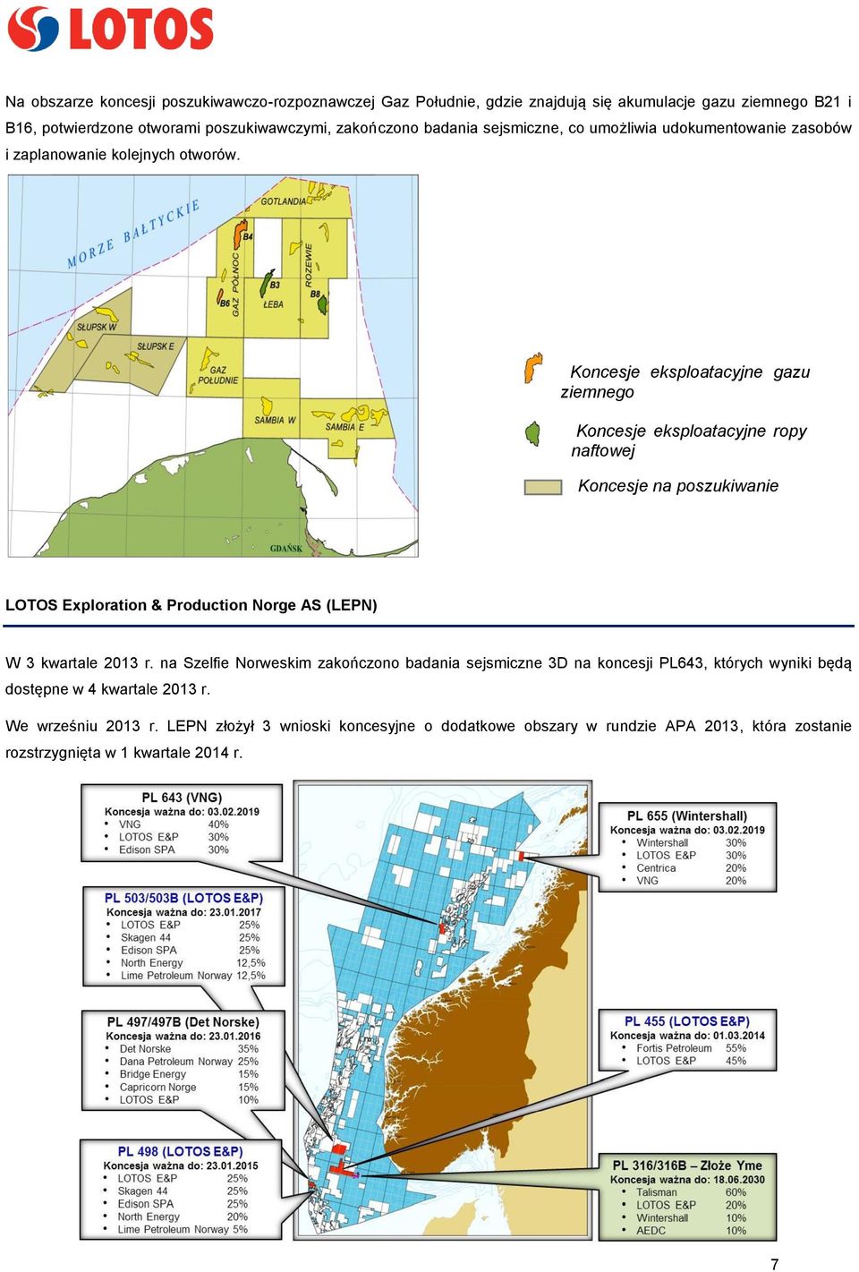 Koncesje eksploatacyjne gazu ziemnego Koncesje eksploatacyjne ropy naftowej Koncesje na poszukiwanie LOTOS Exploration & Production Norge AS (LEPN) W 3 kwartale 2013 r.