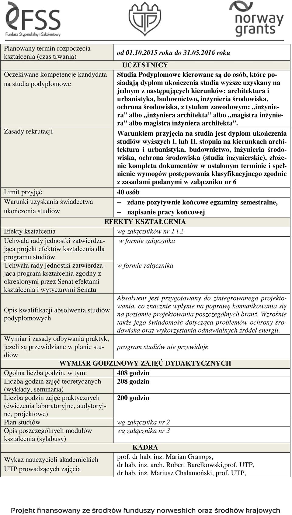 podyplomowe jednym z następujących kierunków: architektura i urbanistyka, budownictwo, inżynieria środowiska, ochrona środowiska, z tytułem zawodowym: inżyniera albo inżyniera architekta albo