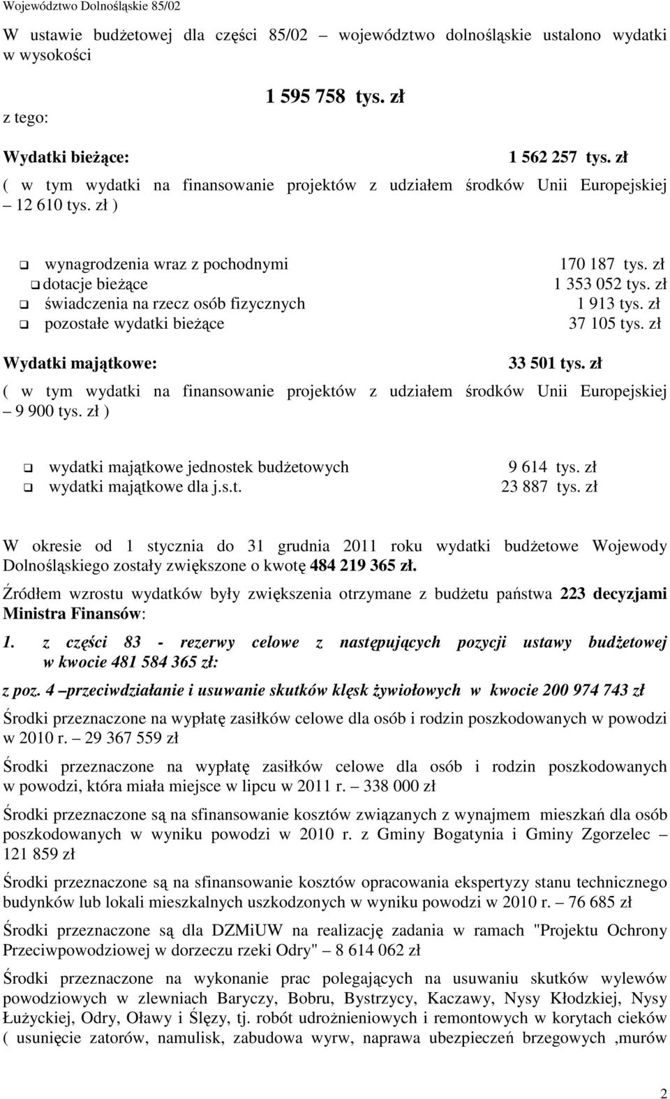 zł świadczenia na rzecz osób fizycznych 1 913 tys. zł pozostałe wydatki bieżące 37 105 tys. zł Wydatki majątkowe: 33 501 tys.