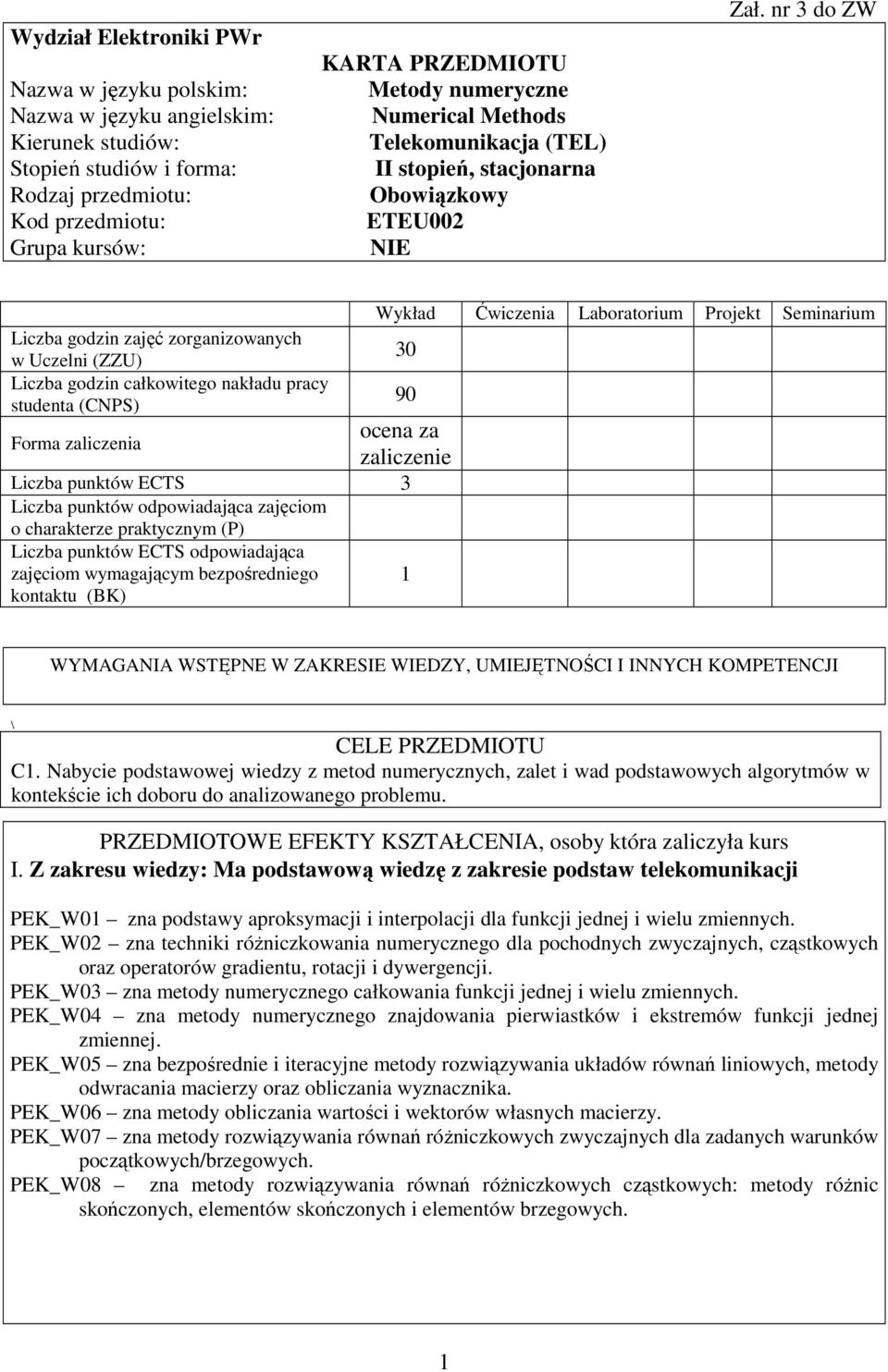 nr 3 do ZW Liczba godzin zajęć zorganizowanych w Uczelni (ZZU) Liczba godzin całkowitego nakładu pracy studenta (CNPS) Forma zaliczenia Wykład Ćwiczenia Laboratorium Projekt Seminarium 30 90 ocena za