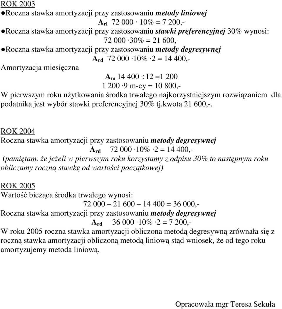 ROK 2004 Roczna stawka amortyzacji przy zastosowaniu metody degresywnej A rd 72 000 10% 2 = 14 400,- (pamiętam, żejeżeli w pierwszym roku korzystamy z odpisu 30% to następnym roku obliczamy roczną