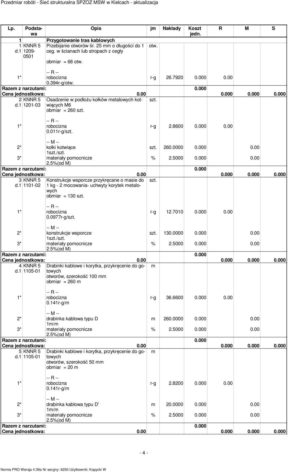 000 0.00 2* kołki kotwiące 260.0000 0.000 0.00 1/ 3* ateriały poocnicze 3 KNNR 5 Konstrukcje wsporcze przykręcane o asie do d.1 1101-02 1 kg - 2 ocowania- uchwyty korytek etalowych obiar = 130 0.