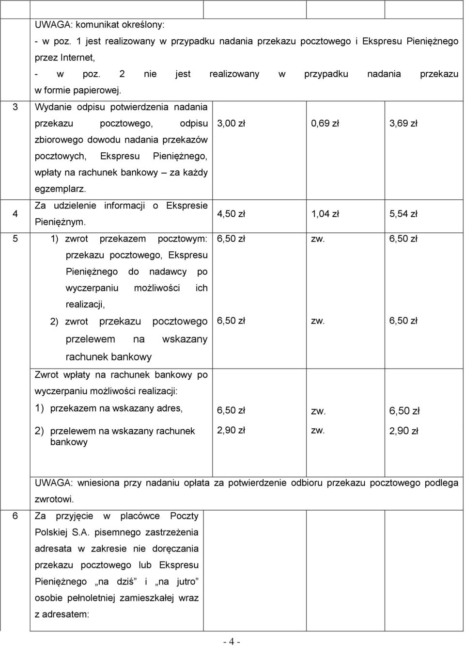 3 Wydanie odpisu potwierdzenia nadania przekazu pocztowego, odpisu 3,00 zł 0,69 zł 3,69 zł zbiorowego dowodu nadania przekazów pocztowych, Ekspresu Pieniężnego, wpłaty na rachunek bankowy za każdy