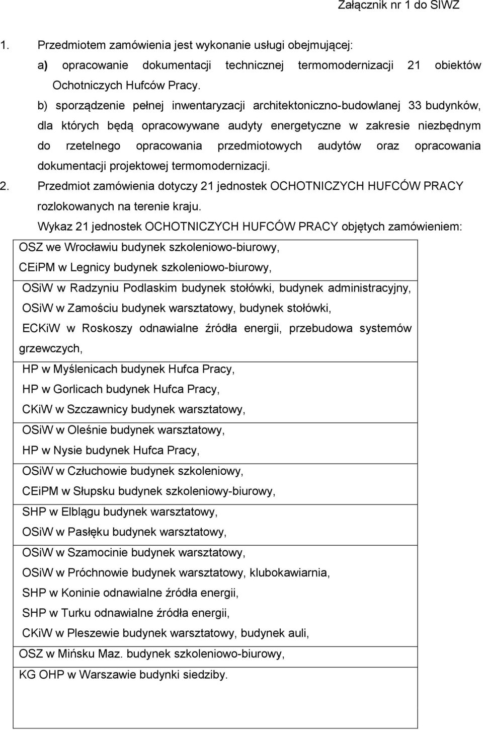 oraz opracowania dokumentacji projektowej termomodernizacji. 2. Przedmiot zamówienia dotyczy 21 jednostek OCHOTNICZYCH HUFCÓW PRACY rozlokowanych na terenie kraju.