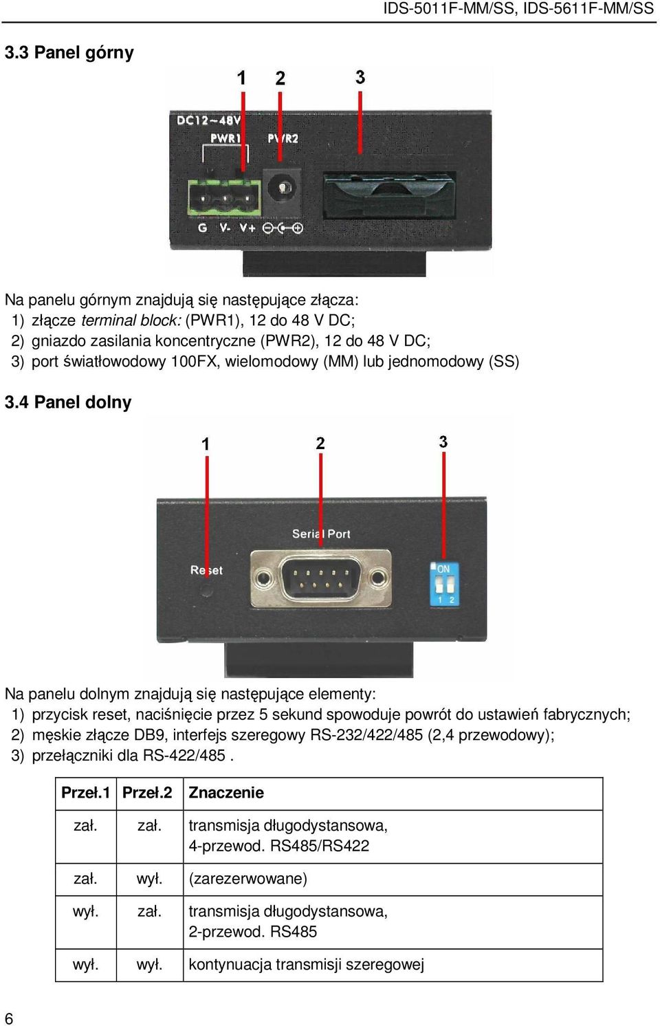 4 Panel dolny Na panelu dolnym znajdują się następujące elementy: 1) przycisk reset, naciśnięcie przez 5 sekund spowoduje powrót do ustawień fabrycznych; 2) męskie złącze DB9,