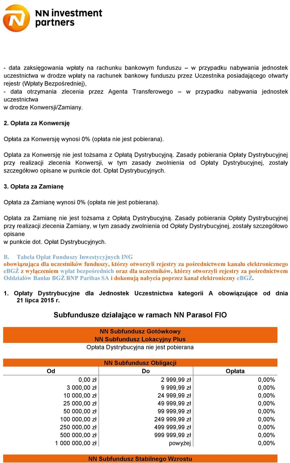 Opłata za Konwersję Opłata za Konwersję wynosi 0% (opłata nie jest pobierana). Oplata za Konwersję nie jest tożsama z Opłatą Dystrybucyjną.