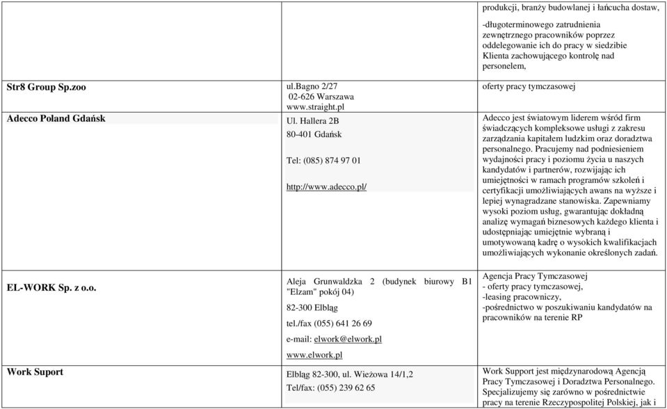 pl/ Aleja Grunwaldzka 2 (budynek biurowy B1 "Elzam" pokój 04) 82-300 Elbląg tel./fax (055) 641 26 69 e-mail: elwork@elwork.pl www.elwork.pl Work Suport Elbląg 82-300, ul.