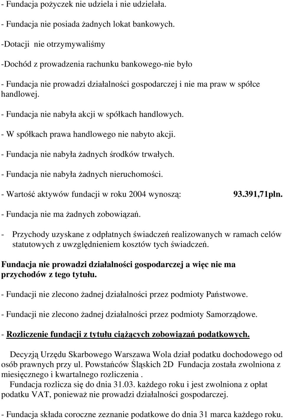 - Fundacja nie nabyła akcji w spółkach handlowych. - W spółkach prawa handlowego nie nabyto akcji. - Fundacja nie nabyła żadnych środków trwałych. - Fundacja nie nabyła żadnych nieruchomości.