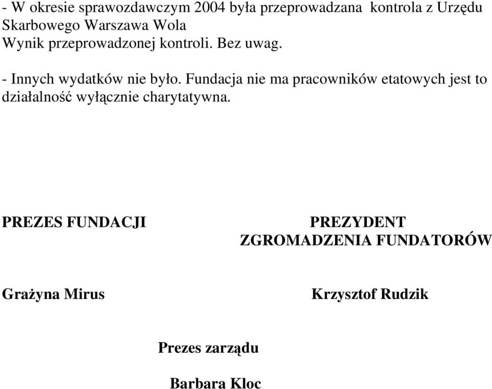 Fundacja nie ma pracowników etatowych jest to działalność wyłącznie charytatywna.