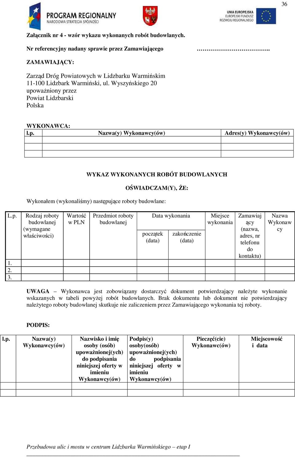 waŝniony przez Polska WYKONAWCA: l.p. Nazwa(y) Adres(y) WYKAZ WYKONANYCH ROBÓT BUDOWLANYCH OŚWIADCZAM(Y), śe: Wykonałem (wykonaliśmy) następujące roboty budowlane: L.p. 1. 2. 3.