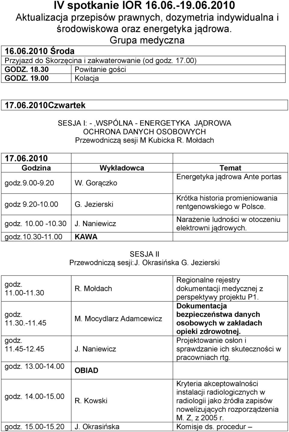 Mołdach Godzina Wykładowca Temat godz.9.00-9.20 W. Gorączko Energetyka jądrowa Ante portas godz 9.20-10.00 godz. 10.00-10.30 godz.10.30-11.00 G. Jezierski J.