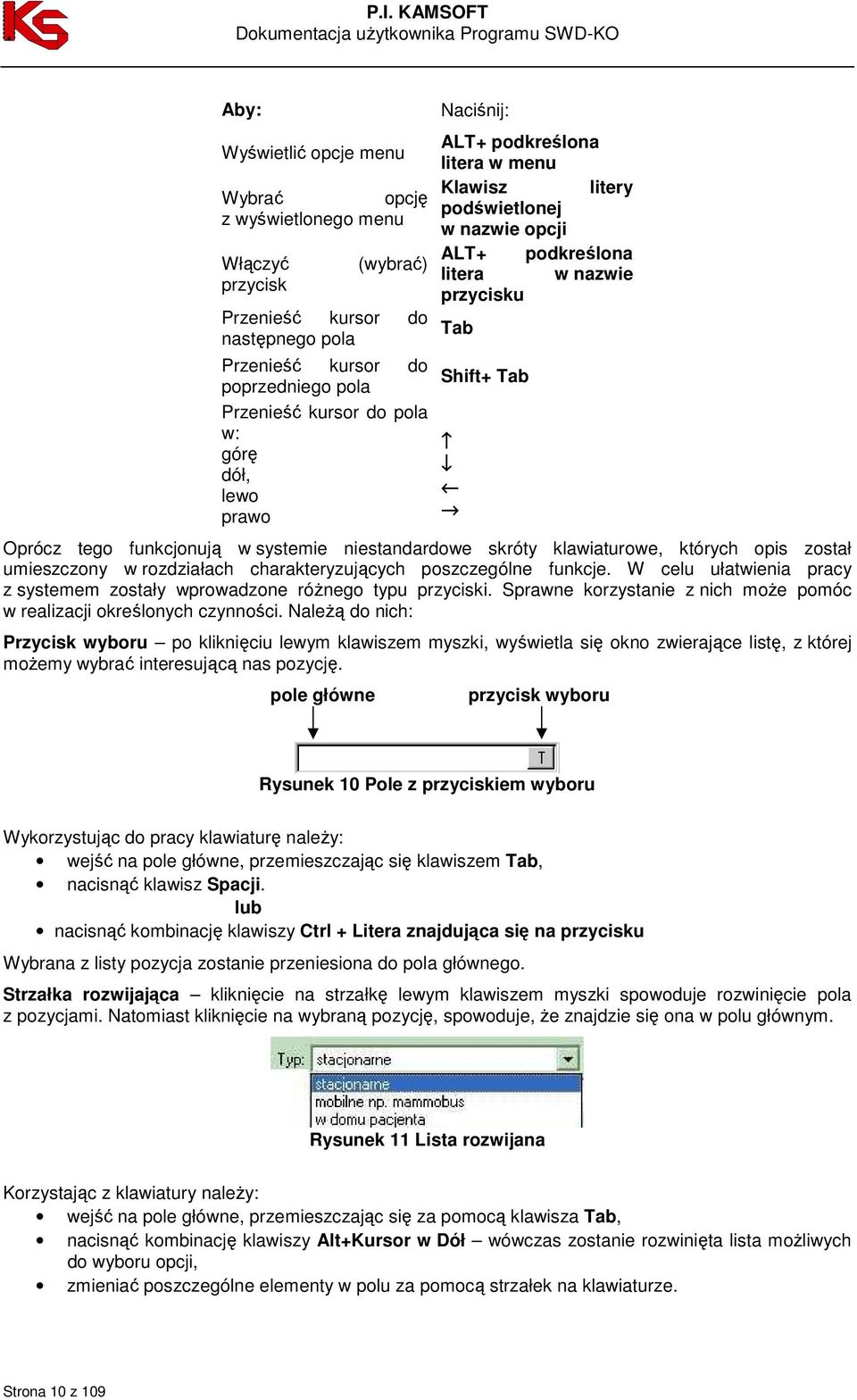 niestandardowe skróty klawiaturowe, których opis został umieszczony w rozdziałach charakteryzujących poszczególne funkcje.