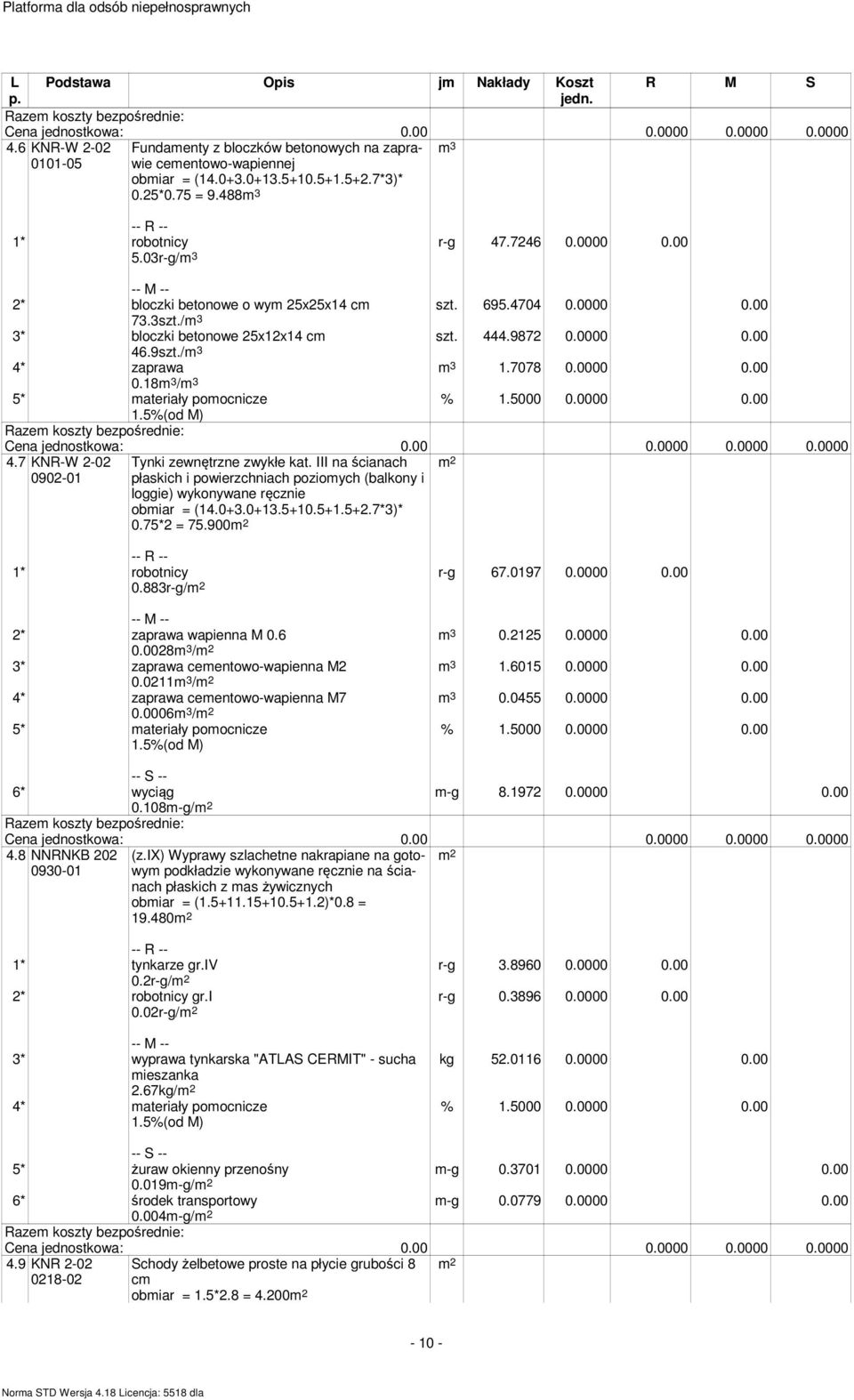 / 3* bloczki betonowe 25x12x14 cm 46.9szt./ 4* zaprawa 0.18 / 5* materiały pomocnicze 4.7 KNR-W 2-02 0902-01 Tynki zewnętrzne zwykłe kat.