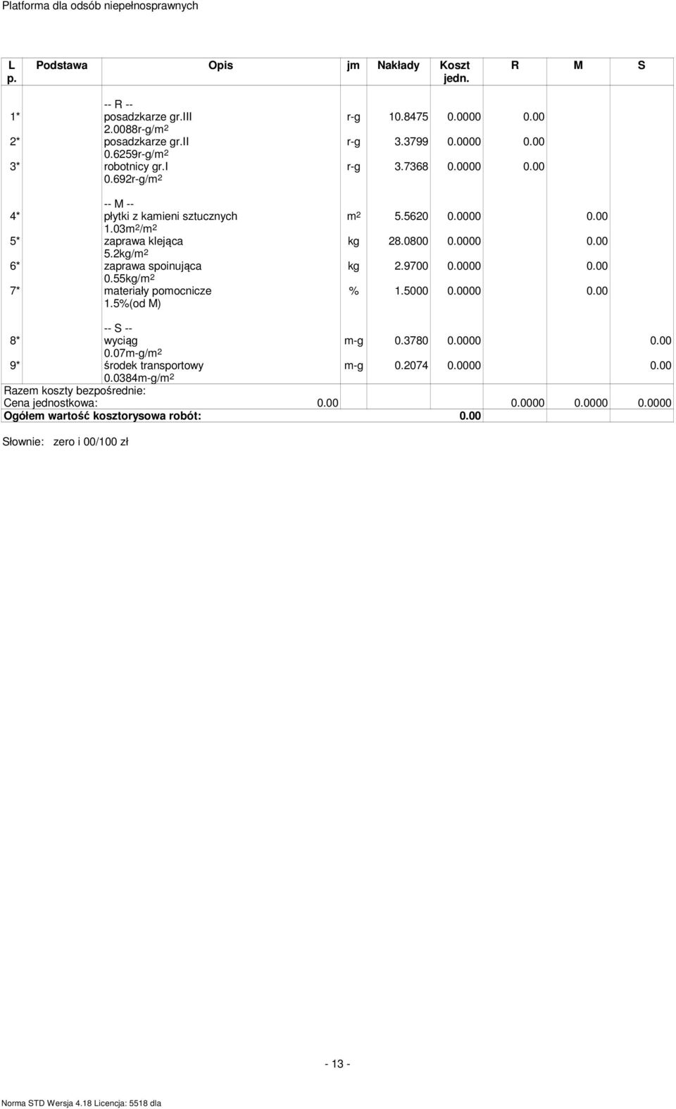 03 / 5* zaprawa klejąca 5.2kg/ 6* zaprawa spoinująca 0.55kg/ 7* materiały pomocnicze m-g 0.3780 0.0000 0.00 m-g 0.2074 0.0000 0.00 8* wyciąg 0.