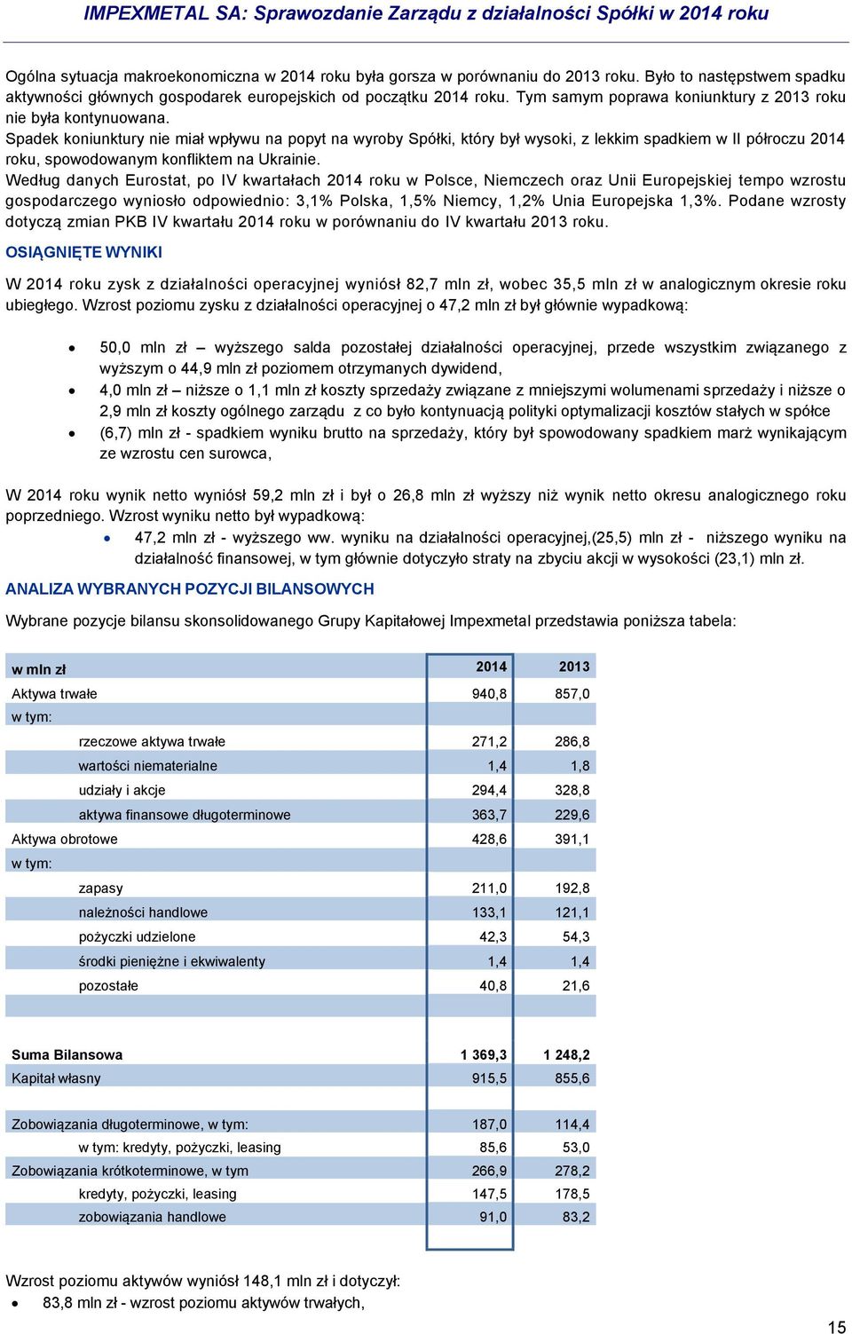 Spadek koniunktury nie miał wpływu na popyt na wyroby Spółki, który był wysoki, z lekkim spadkiem w II półroczu 2014 roku, spowodowanym konfliktem na Ukrainie.