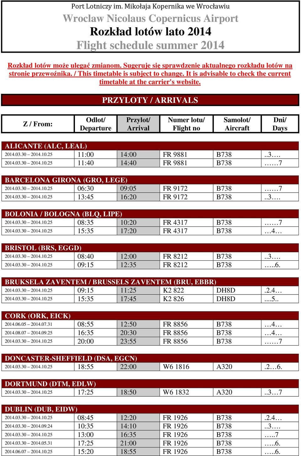 PRZYLOTY / ARRIVALS Z / From: Odlot/ Departure Przylot/ Arrival Numer lotu/ Flight no Samolot/ Aircraft Dni/ Days ALICANTE (ALC, LEAL) 2014.03.30 2014.10.