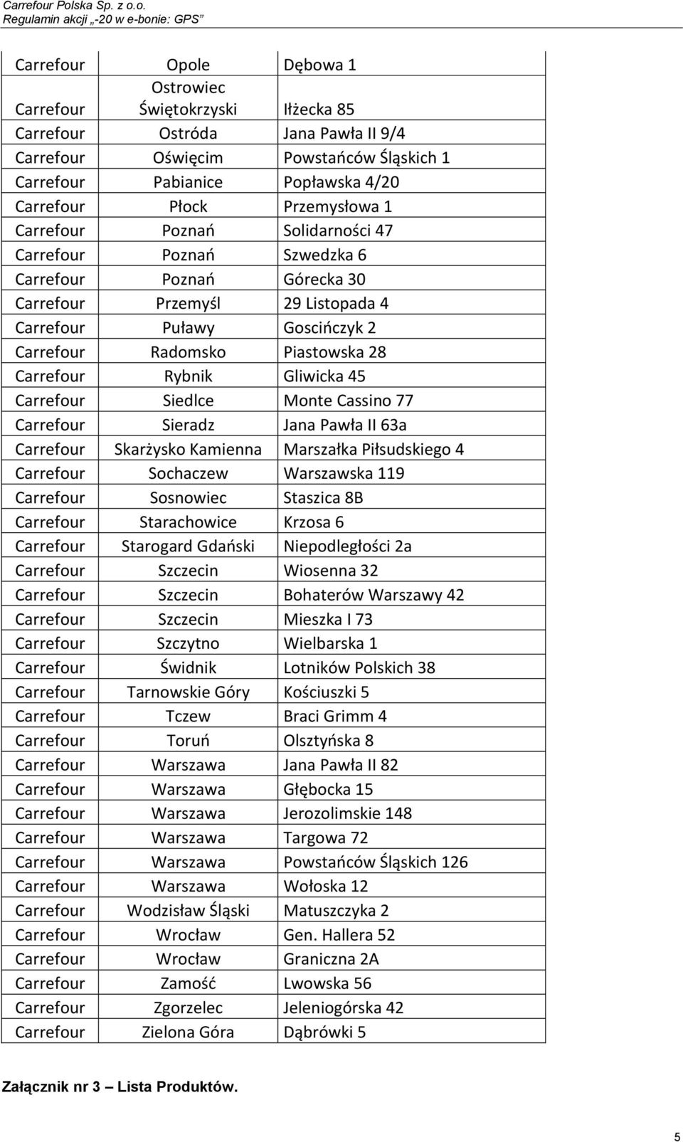 Carrefour Rybnik Gliwicka 45 Carrefour Siedlce Monte Cassino 77 Carrefour Sieradz Jana Pawła II 63a Carrefour Skarżysko Kamienna Marszałka Piłsudskiego 4 Carrefour Sochaczew Warszawska 119 Carrefour