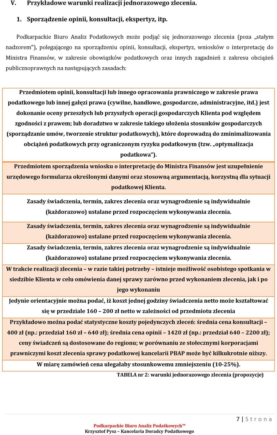 Finansów, w zakresie obowiązków podatkowych oraz innych zagadnień z zakresu obciążeń publicznoprawnych na następujących zasadach: Przedmiotem opinii, konsultacji lub innego opracowania prawniczego w