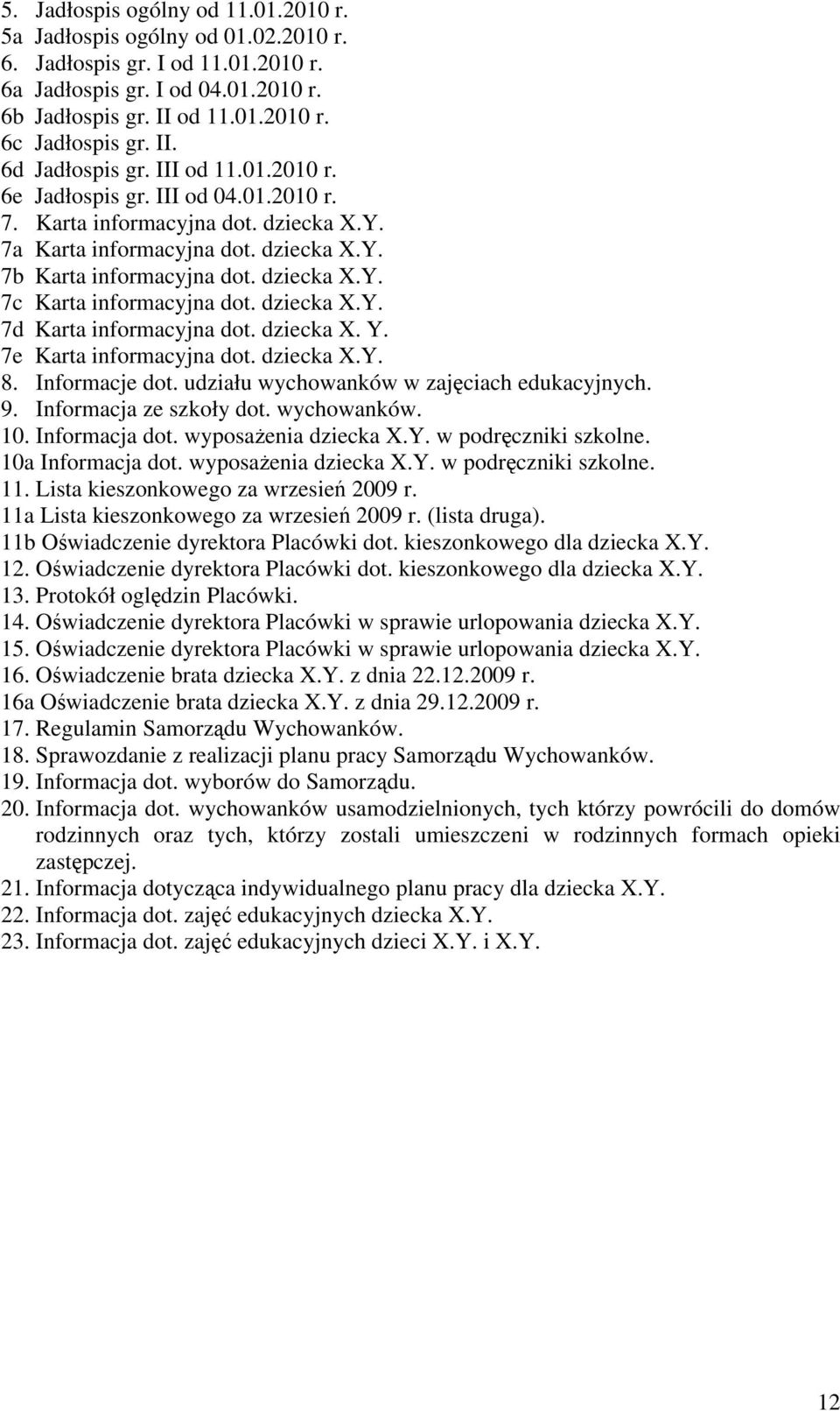 dziecka X.Y. 7d Karta informacyjna dot. dziecka X. Y. 7e Karta informacyjna dot. dziecka X.Y. 8. Informacje dot. udziału wychowanków w zajęciach edukacyjnych. 9. Informacja ze szkoły dot. wychowanków. 10.