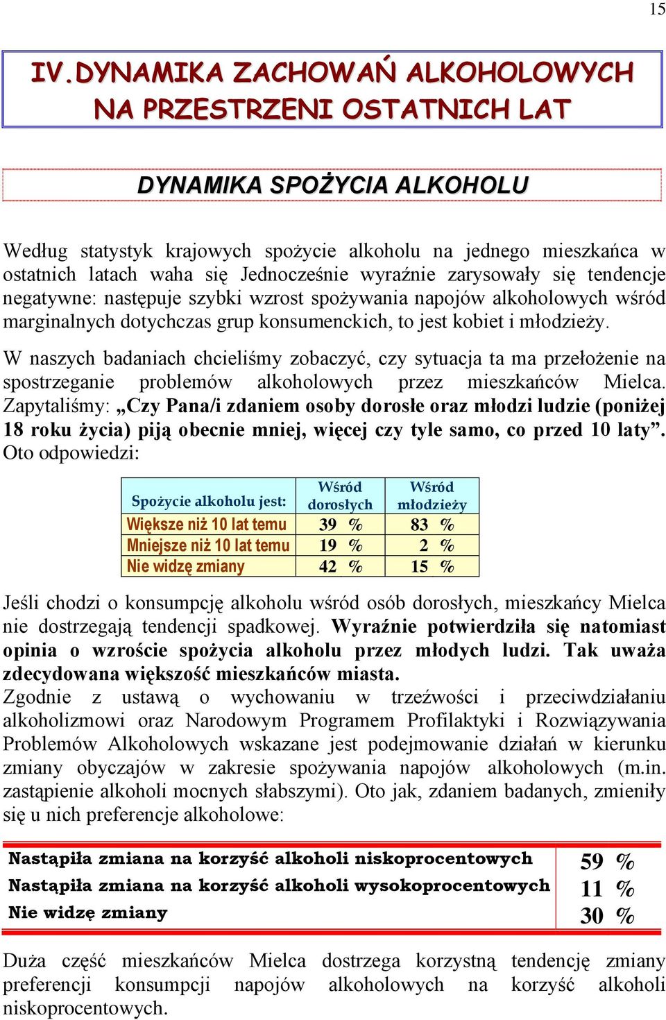 wyraźnie zarysowały się tendencje negatywne: następuje szybki wzrost spożywania napojów alkoholowych wśród marginalnych dotychczas grup konsumenckich, to jest kobiet i młodzieży.